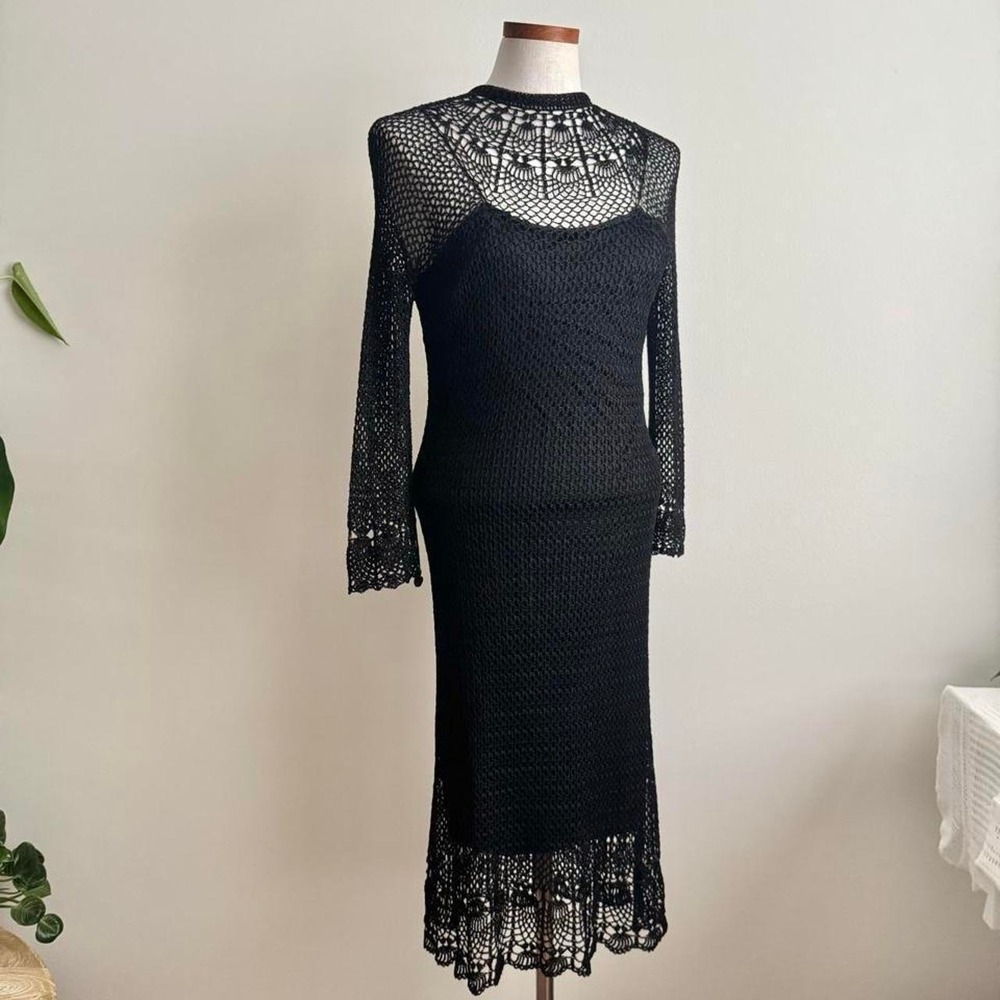 90s Vintage Black Crochet Dress Kroshetta by Papillon Medium sheer goth lace
